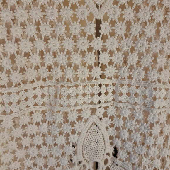 Women's Crochet Cardigan Cream Coverup Tunic Length Tie Front - Picture 3 of 10